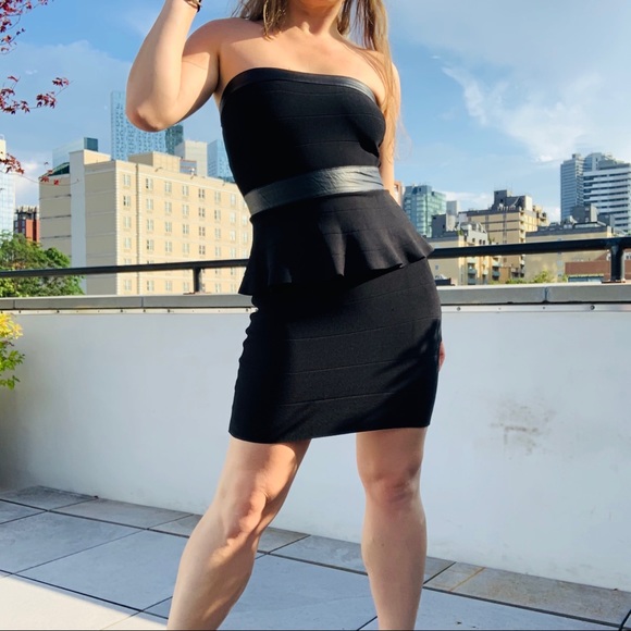 Bebe Strapless Bandage Leather Peplum BodyconDress - Picture 7 of 16
